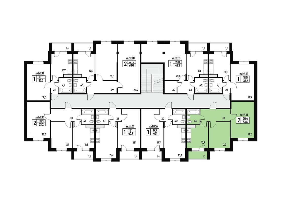 Двухкомнатная квартира 53 м² №35 улица Генерала Донскова, дом 25, корпус 1  купить по цене 7209000 от застройщика в ЖК Борисоглебское деревня Зверево